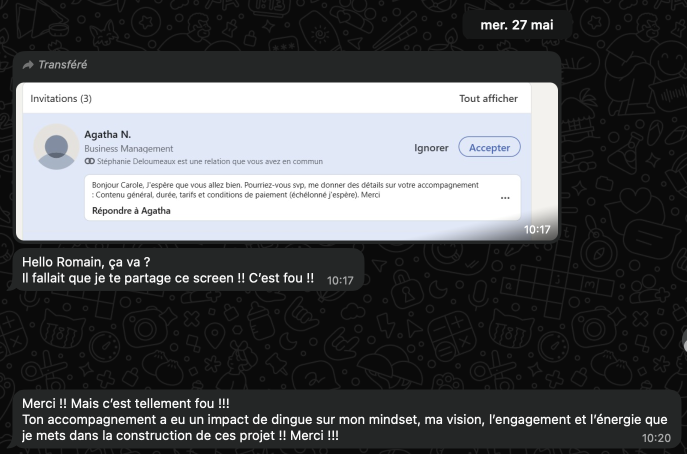 Message LinkedIn d'une cliente : « Ton accompagnement a eu un impact de dingue sur mon mindset, ma vision, l'engagement et l'énergie. »